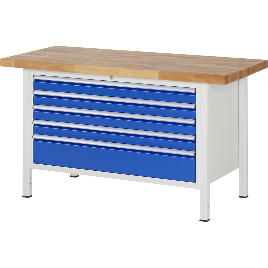 Obrázek produktu: Pracovní stůl RAU řada 8000, VxŠxH 840-1040 x 1500 x 700 mm, 5x zásuvka s výsuvem 90 %, 4 x 90, 1 x 180 mm, nosnost zásuvky 50 kg