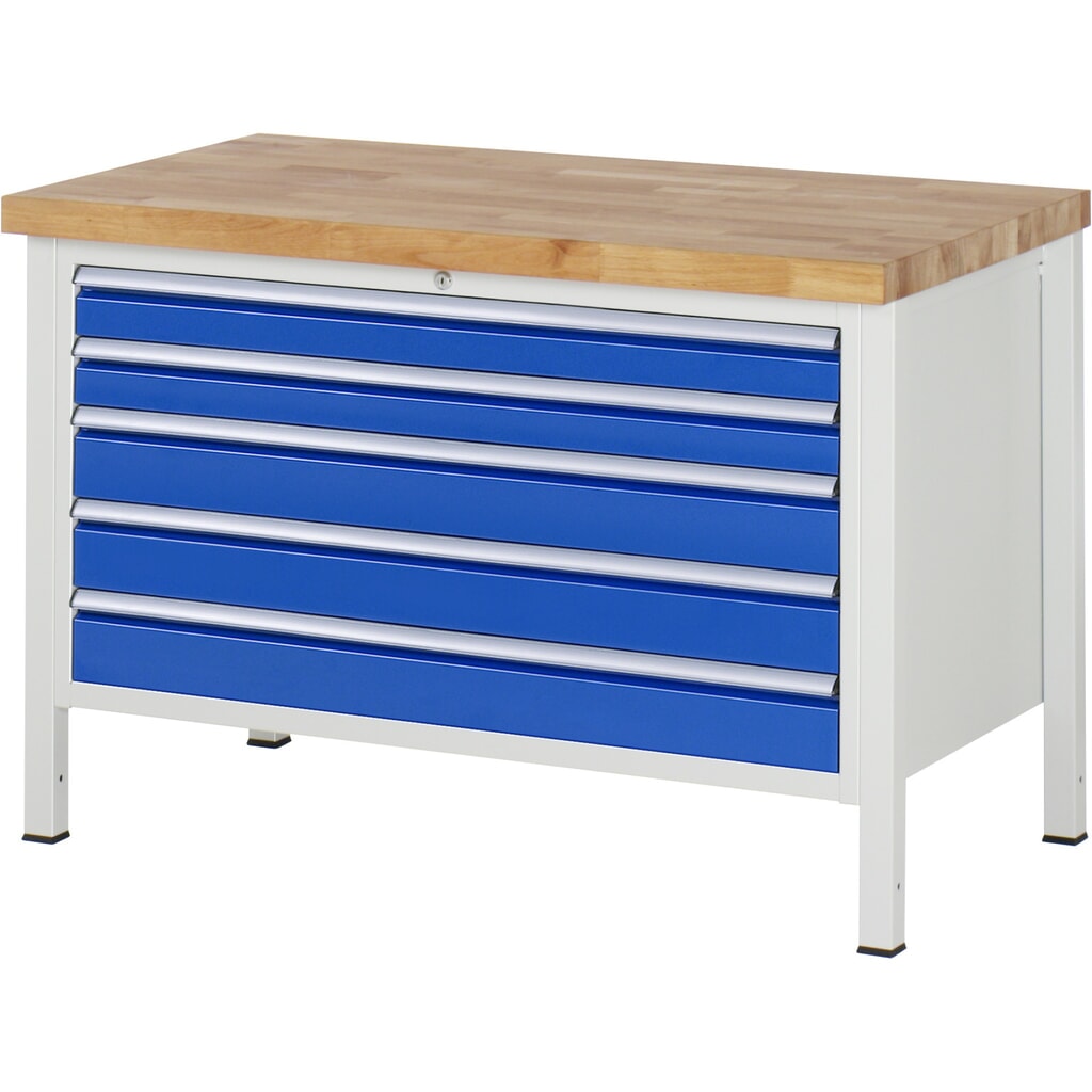 Obrázek produktu: Pracovní stůl RAU řada 8000, VxŠxH 840-1040 x 1250 x 700 mm, 5x zásuvka s výsuvem 90 %, 2 x 90, 3 x 120 mm, nosnost zásuvky 50 kg