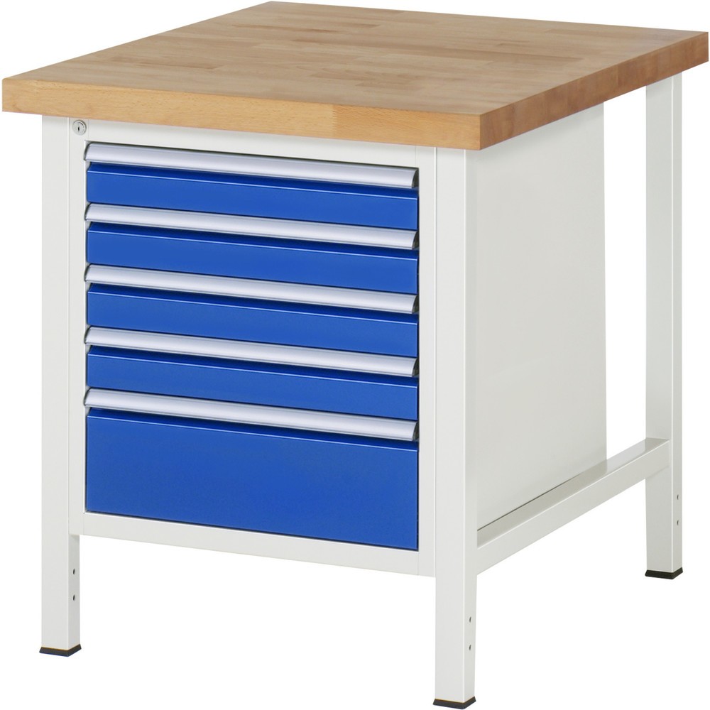 Číslo obrázku produktu 1: Pracovní stůl RAU řada 8000, VxŠxH 840 x 750 x 900 mm, 5x zásuvka s výsuvem 90 %, 4 x 90, 1 x 180 mm, nosnost zásuvky 100 kg