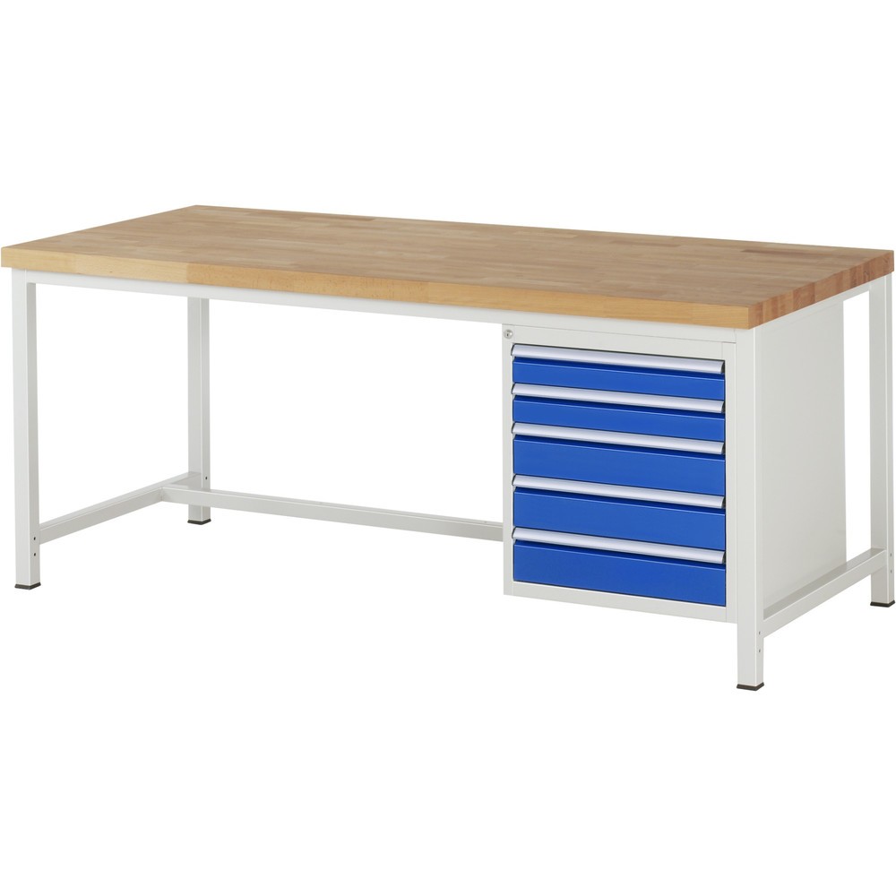 Číslo obrázku produktu 1: Pracovní stůl RAU řada 8000, VxŠxH 840-1040 x 2000 x 900 mm, 5x zásuvka s výsuvem 100 %, 2 x 90, 3 x 120 mm, nosnost zásuvky 100 kg