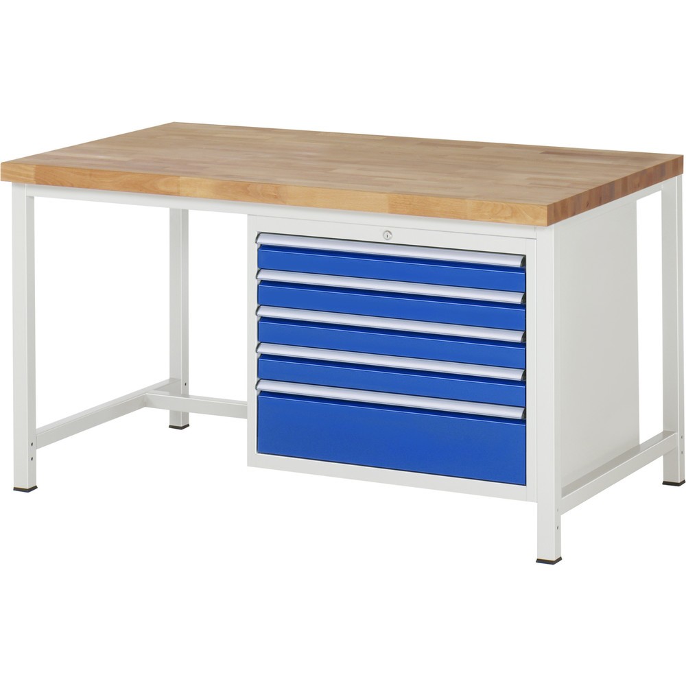 Číslo obrázku produktu 1: Pracovní stůl RAU řada 8000, VxŠxH 840-1040 x 1500 x 900 mm, 5x zásuvka s výsuvem 90 %, 4 x 90, 1 x 180 mm, nosnost zásuvky 75 kg
