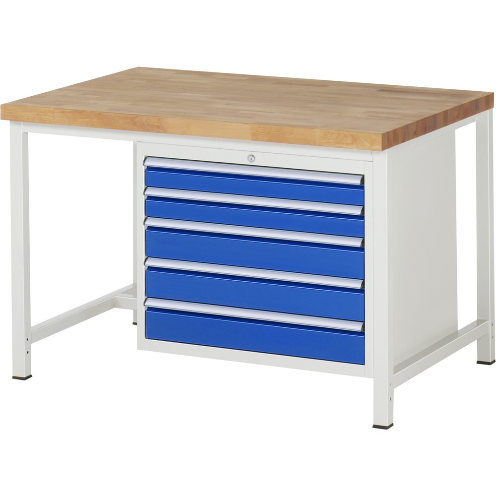 Číslo obrázku produktu 1: Pracovní stůl RAU řada 8000, VxŠxH 840 x 1250 x 900 mm, 5x zásuvka s výsuvem 100 %, 2 x 90, 3 x 120 mm, nosnost zásuvky 75 kg