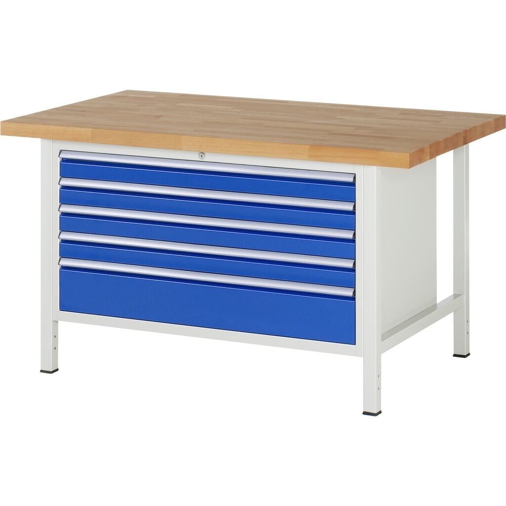 Pracovní stůl RAU řada 8000, VxŠxH 840 x 1500 x 900 mm, 5x zásuvka s výsuvem 90 %, 4 x 90, 1 x 180 mm, nosnost zásuvky 50 kg Obrázek produktu: Pracovní stůl RAU řada 8000, VxŠxH 840 x 1500 x 900 mm, 5x zásuvka s výsuvem 90 %, 4 x 90, 1 x 180 mm, nosnost zásuvky 50 kg