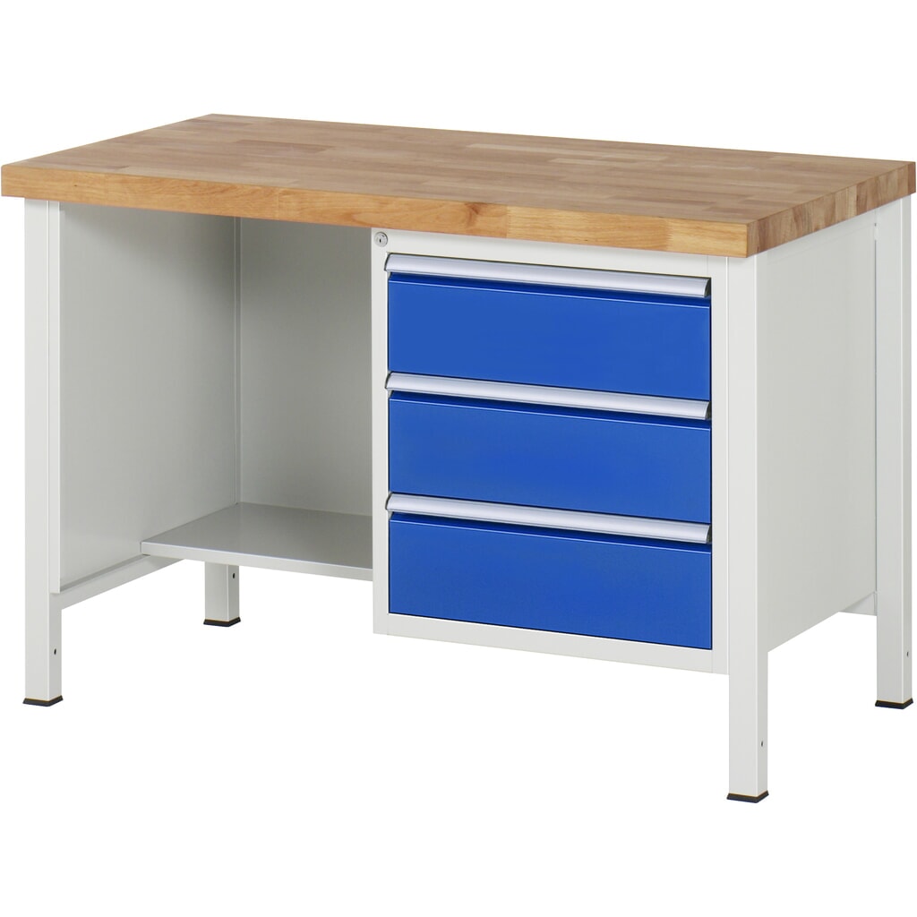Pracovní stůl RAU, řada 8000, V׊×H 840-1040 × 1250 × 700 mm, 1 spodní kontejner vpravo a odkládací plocha, 3 zásuvky Obrázek produktu: Pracovní stůl RAU, řada 8000, V׊×H 840-1040 × 1250 × 700 mm, 1 spodní kontejner vpravo a odkládací plocha, 3 zásuvky
