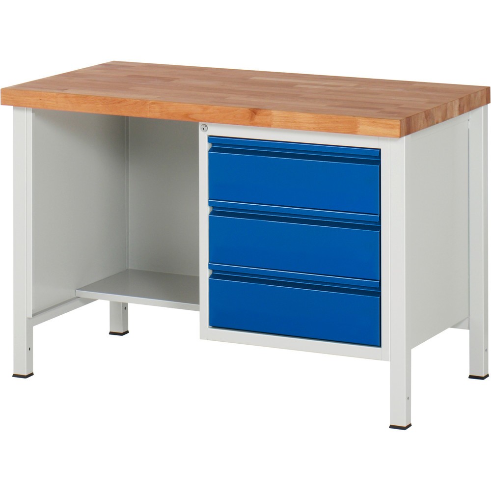 Číslo obrázku produktu 1: Pracovní stůl RAU řada 8000, 1 odkládací police, VxŠxH 840-1040 x 1250 x 700 mm, 3x zásuvka