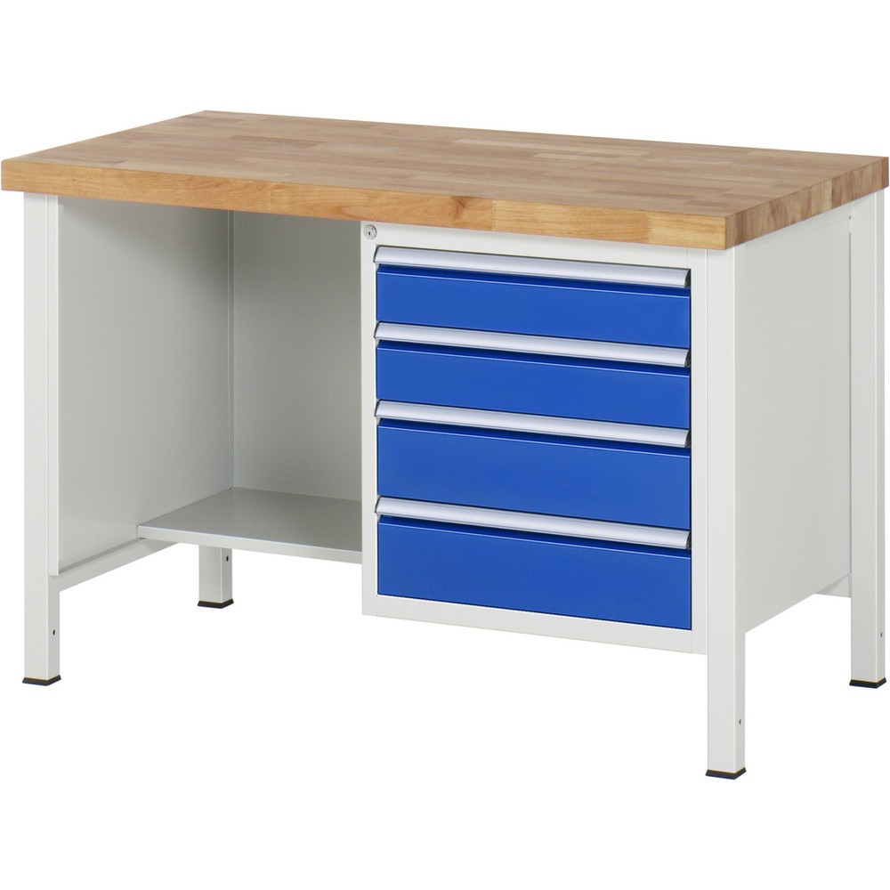 Číslo obrázku produktu 1: Pracovní stůl RAU řada 8000, 1 odkládací police, VxŠxH 840-1040 x 1250 x 700 mm, 4x zásuvka s výsuvem 90 %