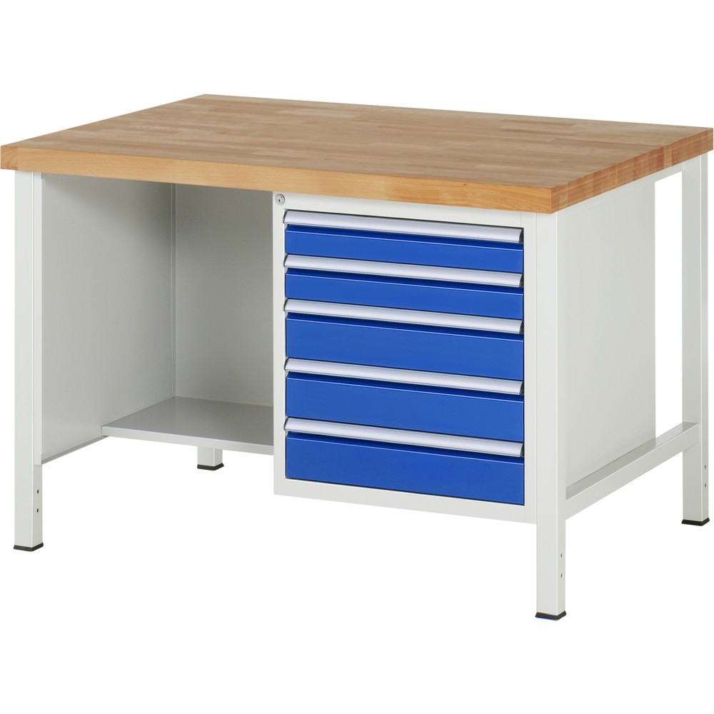 Obrázek produktu: Pracovní stůl RAU řada 8000, 1 odkládací police, VxŠxH 840-1040 x 1250 x 900 mm, 5x zásuvka s výsuvem 100 %