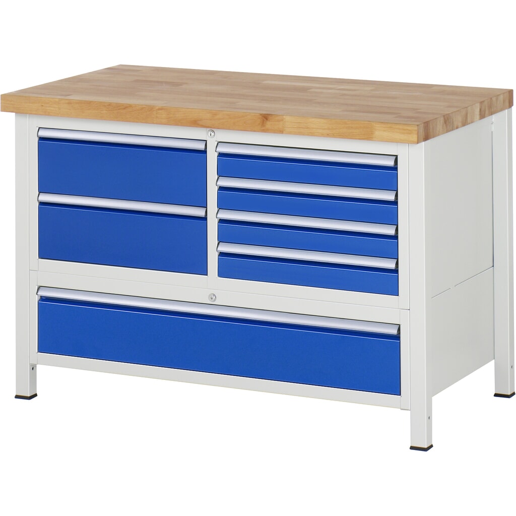 Číslo obrázku produktu 1: Pracovní stůl RAU řada 8000, V×Š×H 840-1040 × 1250 × 700 mm, 1 trojitý spodní kontejner, se 7 zásuvkami