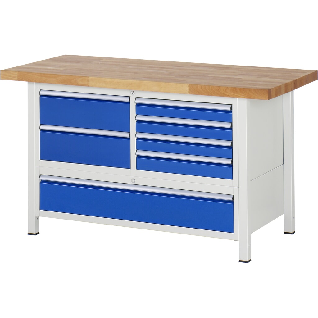 Pracovní stůl RAU řada 8000, V׊×H 840-1040 × 1500 × 700 mm, 1 trojitý spodní kontejner, se 7 zásuvkami Obrázek produktu: Pracovní stůl RAU řada 8000, V׊×H 840-1040 × 1500 × 700 mm, 1 trojitý spodní kontejner, se 7 zásuvkami