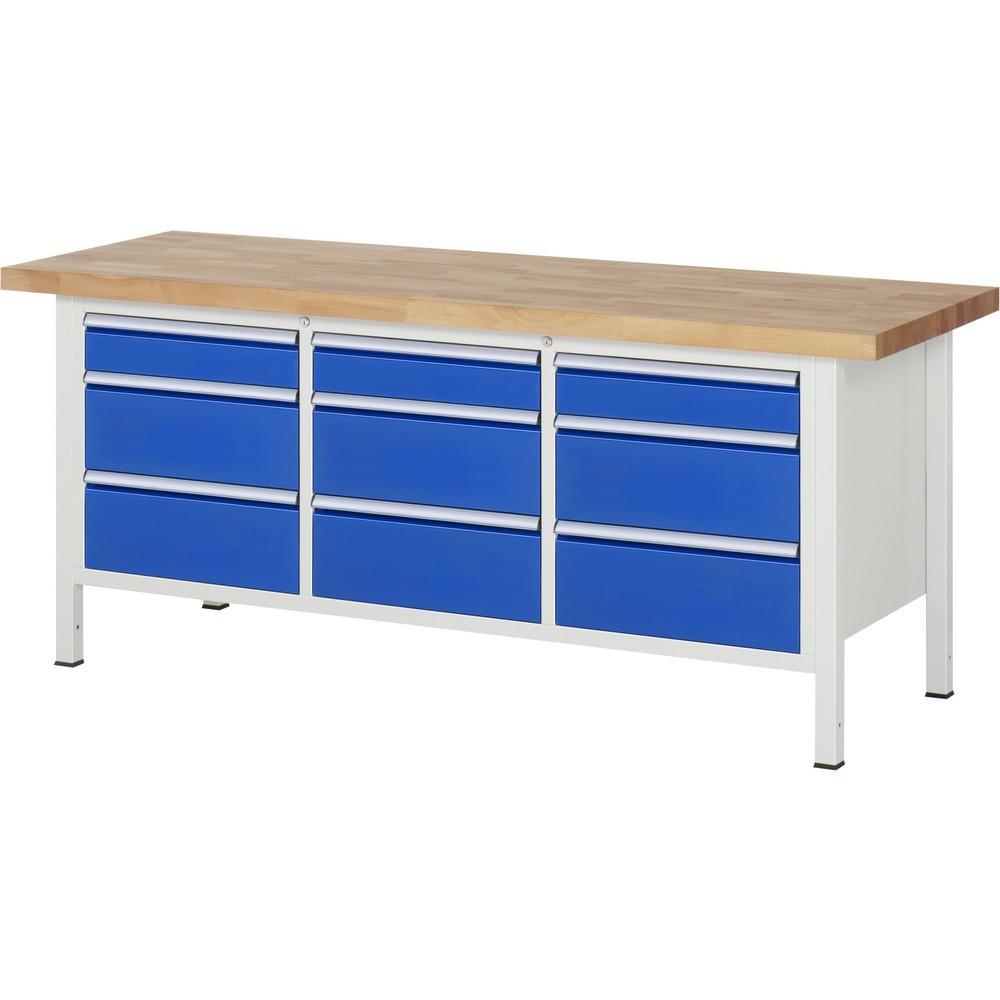Číslo obrázku produktu 1: Pracovní stůl RAU řada 8000, 1 trojitý spodní kontejner, VxŠxH 840-1040 x 2000 x 700 mm, 9 zásuvek, nosnost zásuvky 100 kg