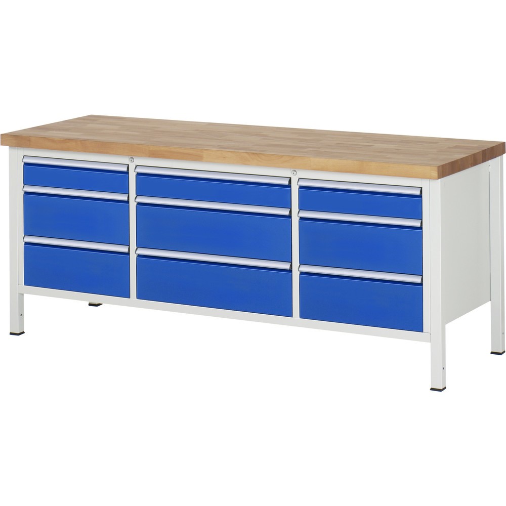 Obrázek produktu: Pracovní stůl RAU řada 8000, 1 trojitý kontejner, VxŠxH 840 x 2000 x 700 mm, 9x zásuvka s výsuvem 90 %, 3 x 120, 6 x 210 mm, nosnost zásuvky 100/75 kg
