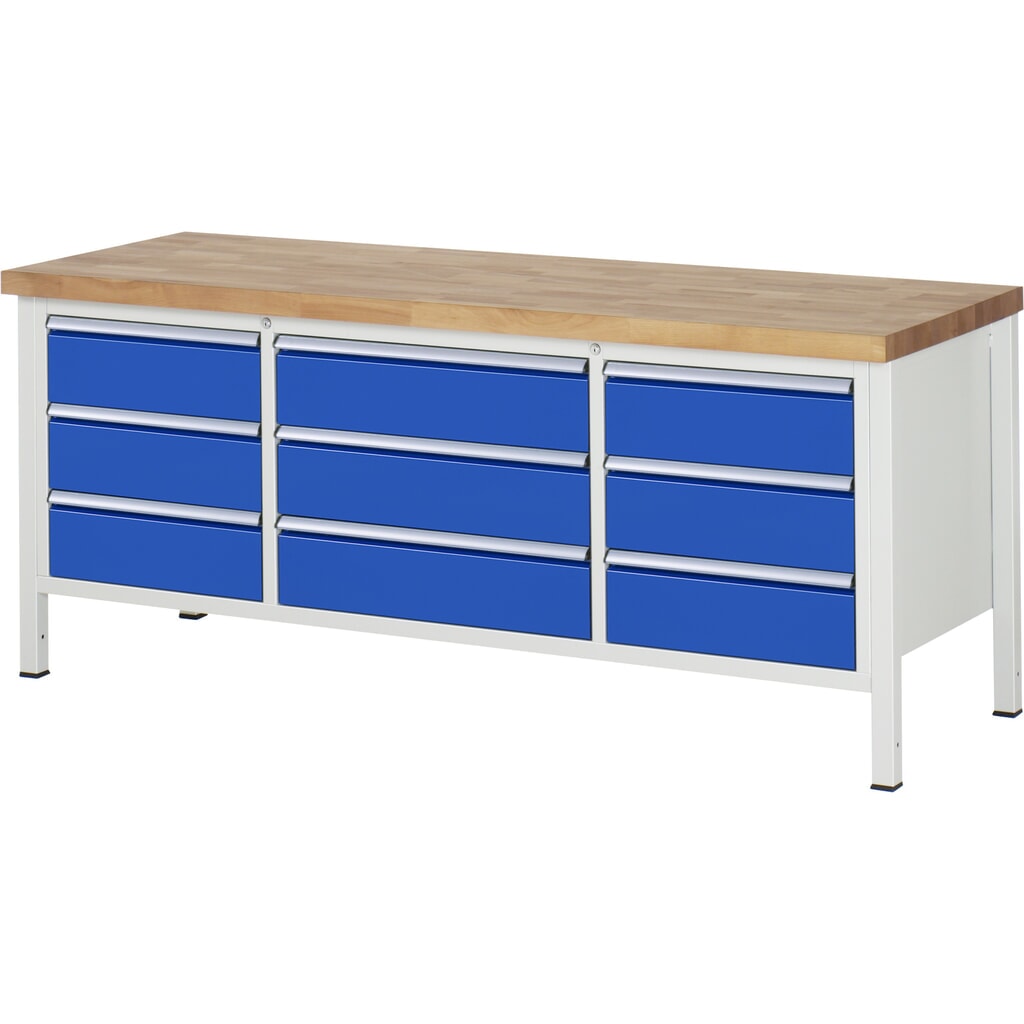 Pracovní stůl RAU řada 8000, 1 trojitý spodní kontejner, VxŠxH 840 x 2000 x 700 mm, 9 zásuvek s výsuvem 90 %, 9 x 180 mm, nosnost zásuvky 100/75 kg Obrázek produktu: Pracovní stůl RAU řada 8000, 1 trojitý spodní kontejner, VxŠxH 840 x 2000 x 700 mm, 9 zásuvek s výsuvem 90 %, 9 x 180 mm, nosnost zásuvky 100/75 kg