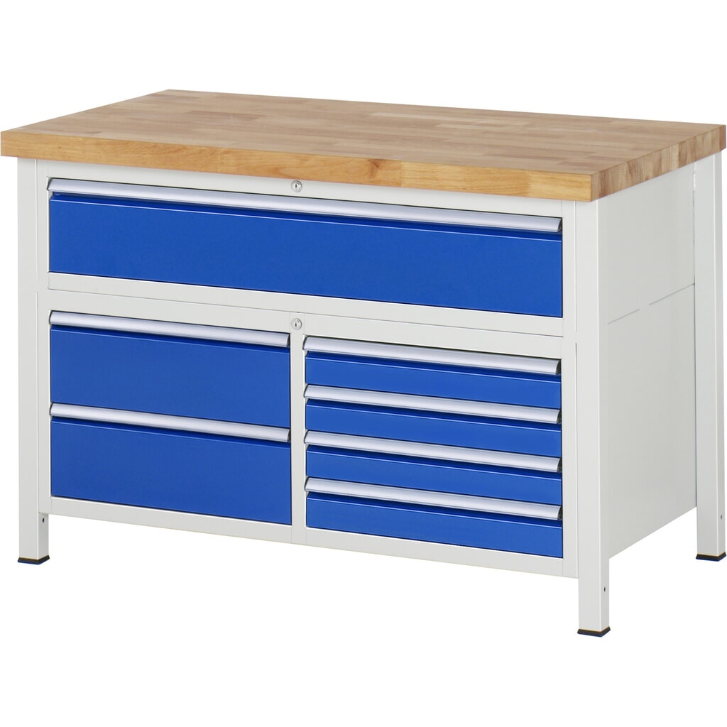 Obrázek produktu: Pracovní stůl RAU řada 8000, 1 trojitý spodní kontejner, VxŠxH 840-1040 x 1250 x 700 mm, 7x zásuvka s výsuvem 90 %, 4 x 90, 3 x 180 mm