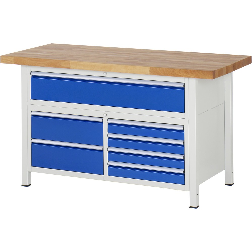 Číslo obrázku produktu 1: Pracovní stůl RAU řada 8000, 1 trojitý spodní kontejner, VxŠxH 840-1040 x 1500 x 700 mm, 7x zásuvka s výsuvem 90 %, 4 x 90, 3 x 180 mm