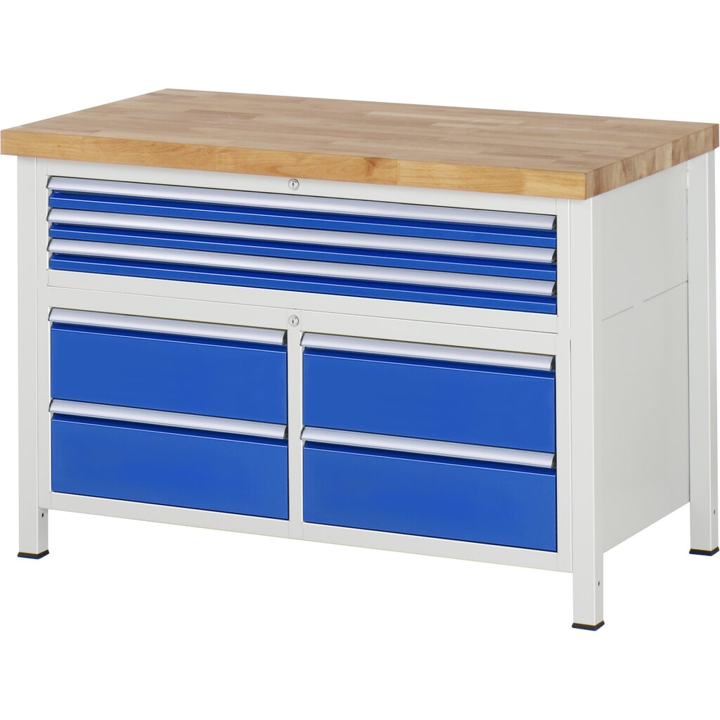 Obrázek produktu: Pracovní stůl RAU řada 8000, 1 trojitý spodní kontejner, VxŠxH 840-1040 x 1250 x 700 mm, 7x zásuvka s výsuvem 90 %, 3 x 60, 4 x 180 mm
