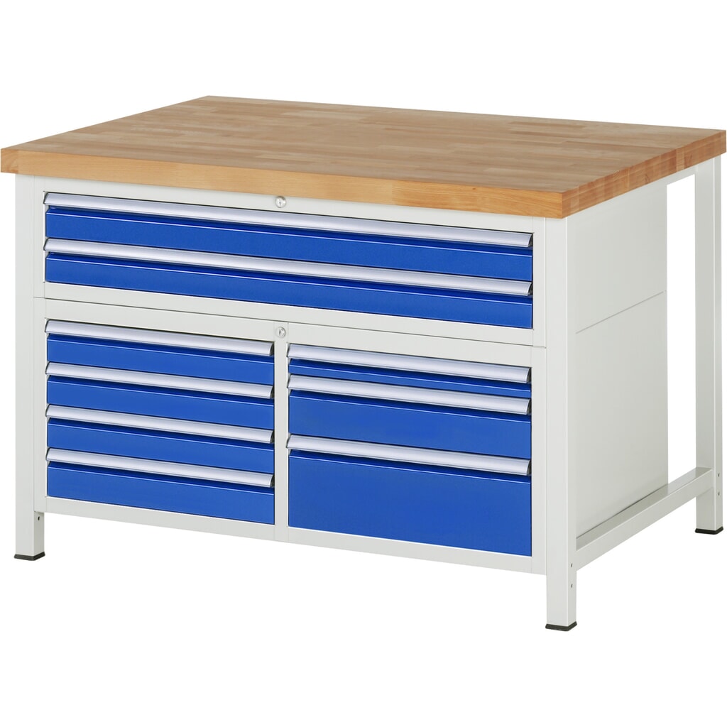 Pracovní stůl RAU řada 8000, 1 trojitý spodní kontejner, VxŠxH 840-1040 x 1250 x 900 mm, 9 zásuvek s výsuvem 90 %, 1 x 60, 6 x 90, 1 x 120, 1 x 180 mm, nosnost zásuvky 100/50 kg Obrázek produktu: Pracovní stůl RAU řada 8000, 1 trojitý spodní kontejner, VxŠxH 840-1040 x 1250 x 900 mm, 9 zásuvek s výsuvem 90 %, 1 x 60, 6 x 90, 1 x 120, 1 x 180 mm, nosnost zásuvky 100/50 kg