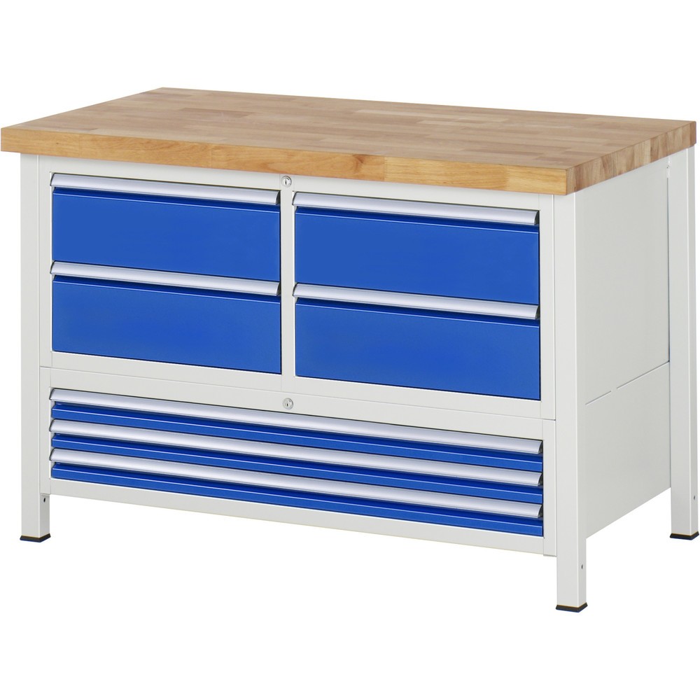 Číslo obrázku produktu 1: Pracovní stůl RAU řada 8000, 1 trojitý spodní kontejner, VxŠxH 840-1040 x 1250 x 700 mm, 7x zásuvka s výsuvem 90 %, 3 x 60, 4 x 180 mm