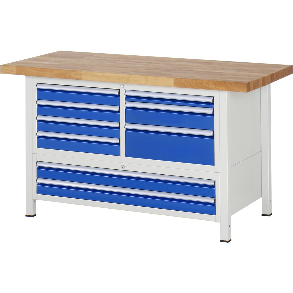 Číslo obrázku produktu 1: Pracovní stůl RAU řada 8000, 1 trojitý kontejner, VxŠxH 840-1040 x 1500 x 700 mm, 7 zásuvek L + 2 zásuvky XXL, výsuv 100 %