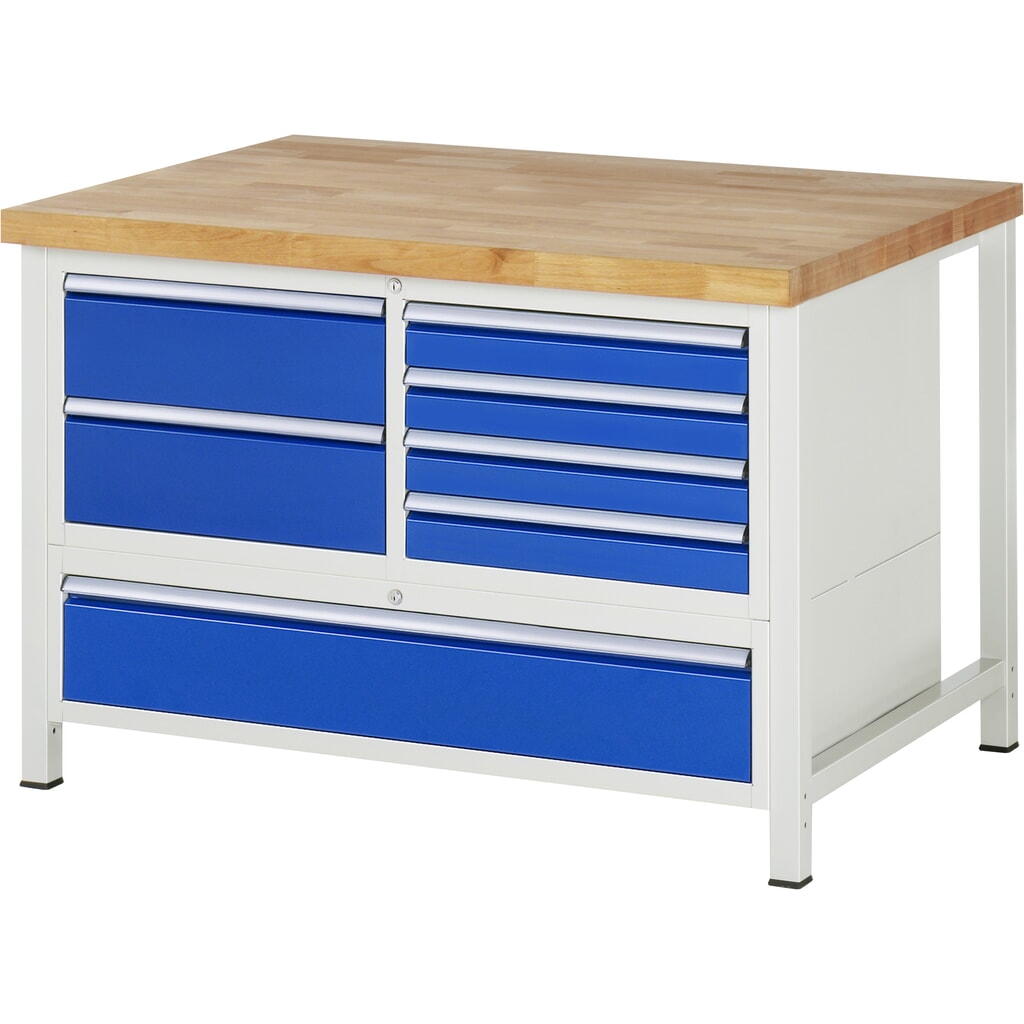 Pracovní stůl RAU řada 8000, V׊×H 840-1040 × 1250 × 900 mm, 1 trojitý spodní kontejner, se 7 zásuvkami Obrázek produktu: Pracovní stůl RAU řada 8000, V׊×H 840-1040 × 1250 × 900 mm, 1 trojitý spodní kontejner, se 7 zásuvkami
