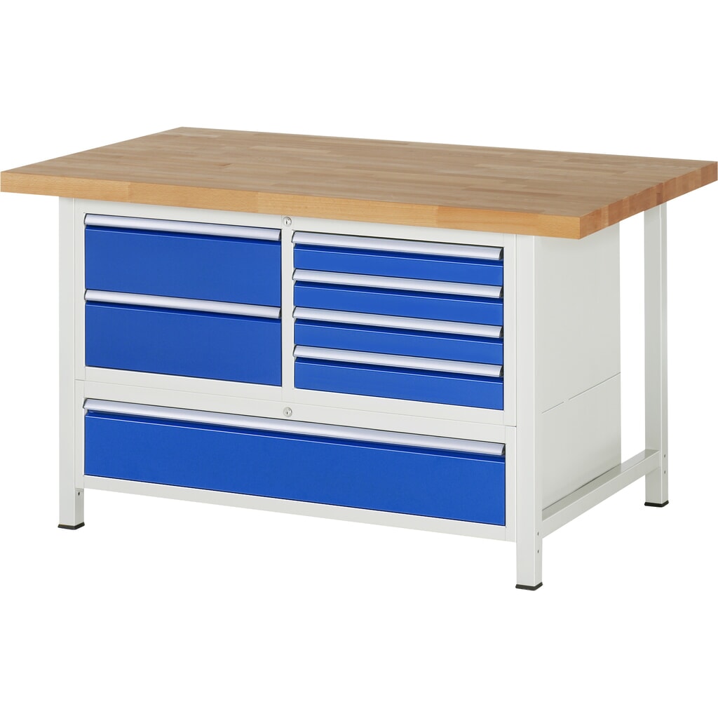 Obrázek produktu: Pracovní stůl RAU řada 8000, V×Š×H 840-1040 × 1500 × 900 mm, 1 trojitý spodní kontejner, se 7 zásuvkami