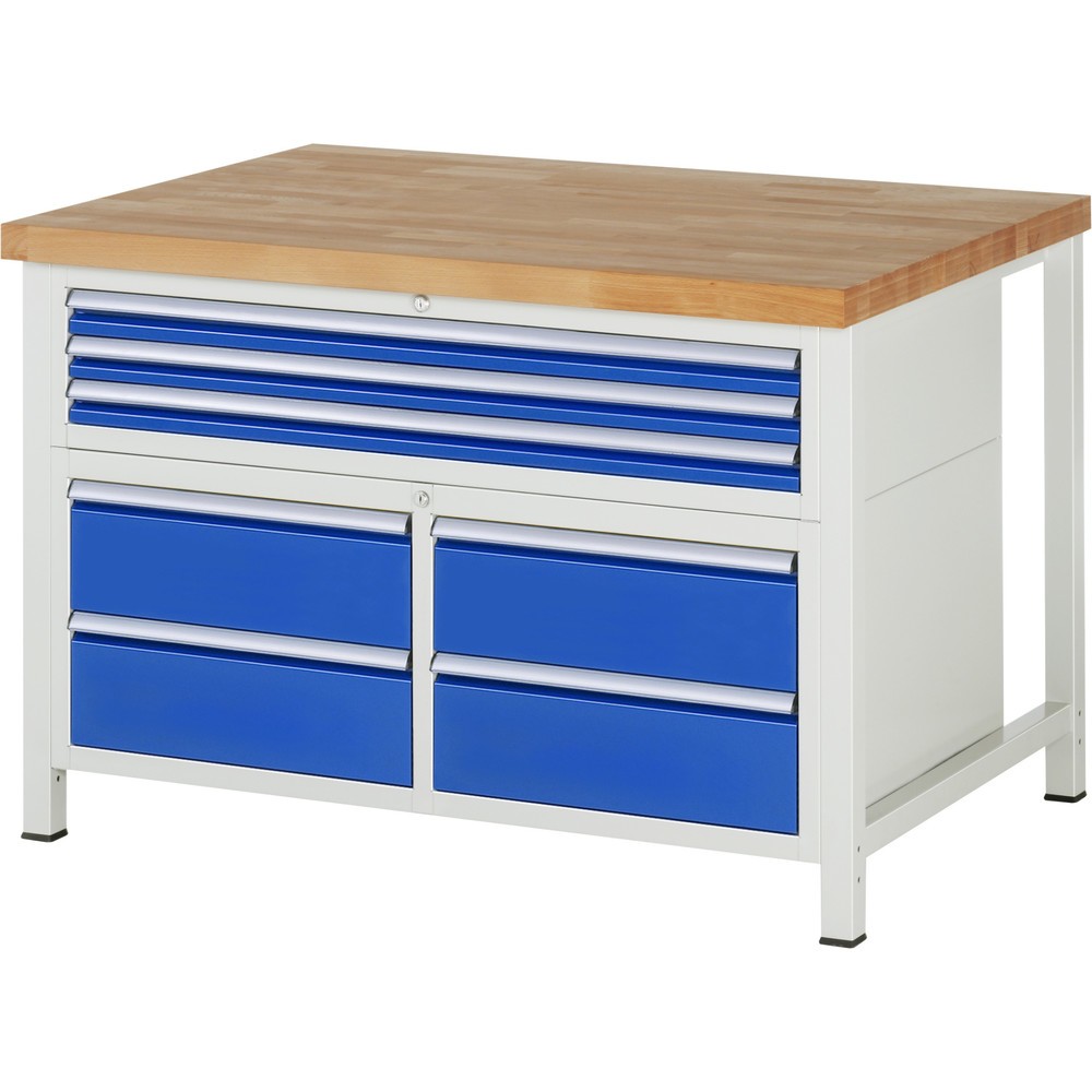 Obrázek produktu: Pracovní stůl RAU řada 8000, 1 trojitý spodní kontejner, VxŠxH 840-1040 x 1250 x 900 mm, 7x zásuvka s výsuvem 100 %, 3 x 60, 4 x 180 mm