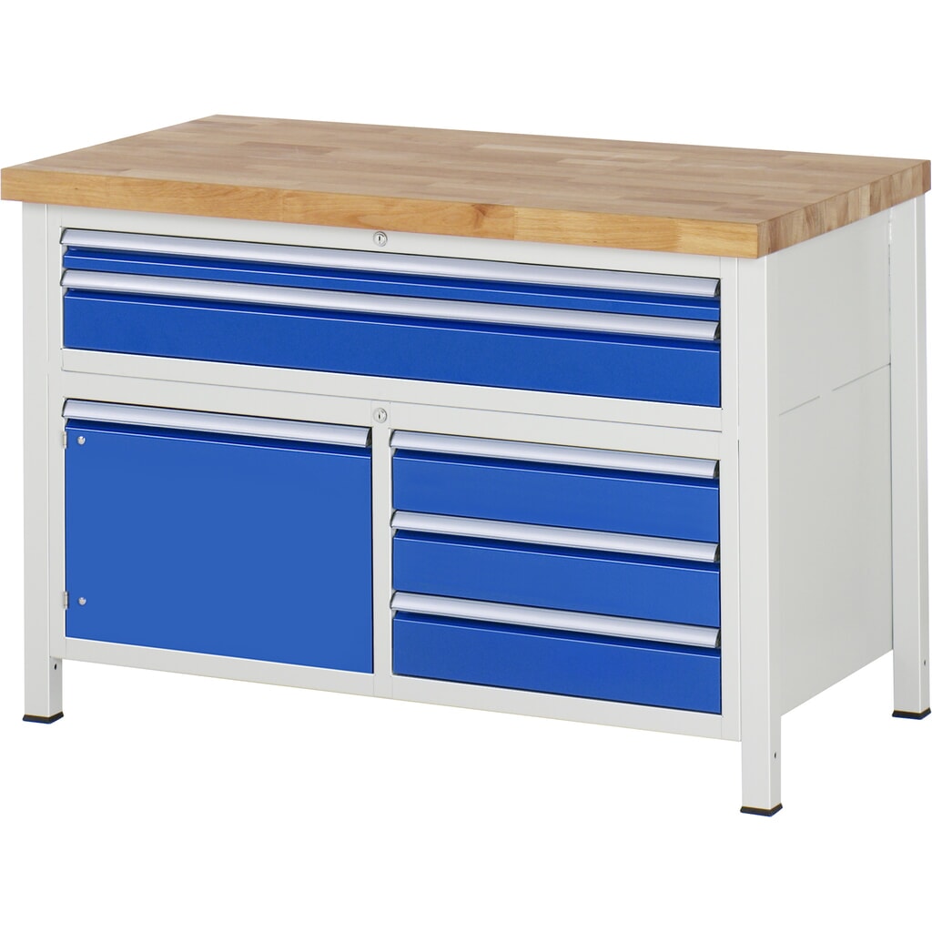 Obrázek produktu: Pracovní stůl RAU řady 8000, V×Š×H 840-1040 × 1250 × 700 mm, 1 trojitý spodní kontejner, 5 zásuvek a 1 křídlové dveře