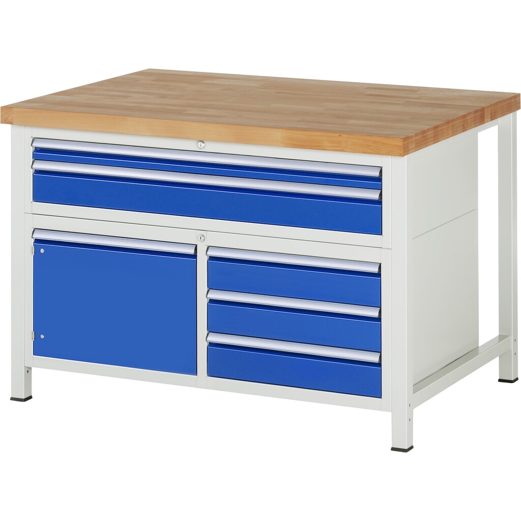 Obrázek produktu: Pracovní stůl RAU řady 8000, V×Š×H 840-1040 × 1250 × 900 mm, 1 trojitý spodní kontejner, 5 zásuvek a 1 křídlové dveře