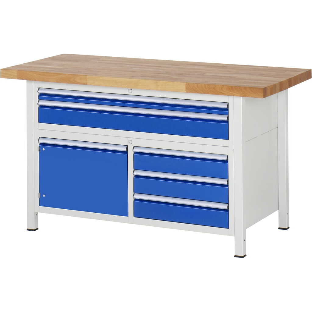 Obrázek produktu: Pracovní stůl RAU řady 8000, V×Š×H 840-1040 × 1500 × 700 mm, 1 trojitý spodní kontejner, 5 zásuvek a 1 křídlové dveře