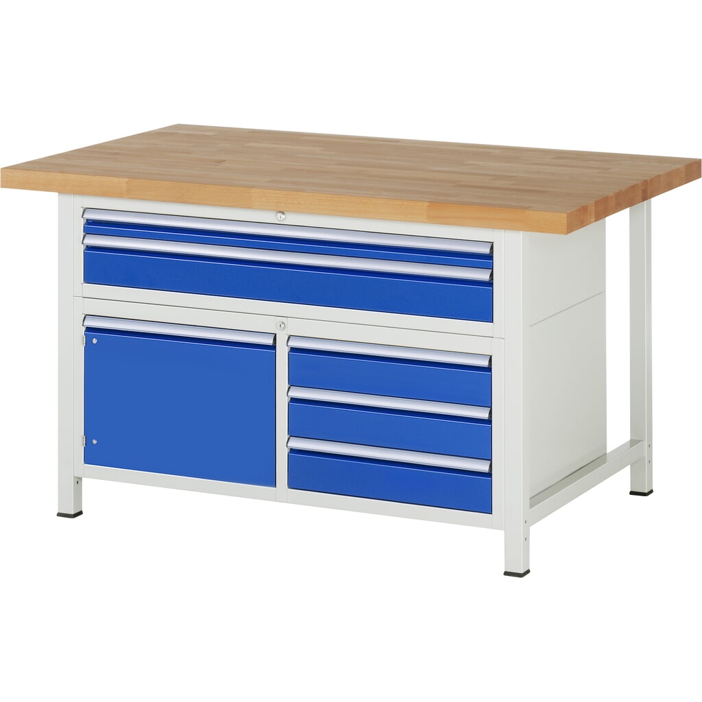Pracovní stůl RAU řady 8000, V׊×H 840-1040 × 1500 × 900 mm, 1 trojitý spodní kontejner, 5 zásuvek a 1 křídlové dveře Obrázek produktu: Pracovní stůl RAU řady 8000, V׊×H 840-1040 × 1500 × 900 mm, 1 trojitý spodní kontejner, 5 zásuvek a 1 křídlové dveře