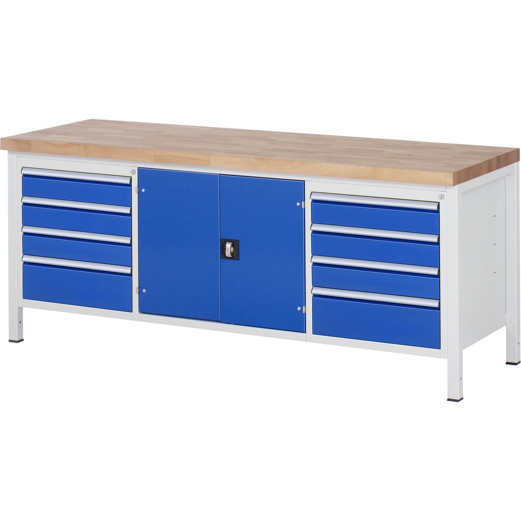 Pracovní stůl RAU řady 8000, V׊×H 840-1040 × 2000 × 700 mm, 1 trojitý spodní kontejner, 8 zásuvek a 1 přihrádka na nářadí Obrázek produktu: Pracovní stůl RAU řady 8000, V׊×H 840-1040 × 2000 × 700 mm, 1 trojitý spodní kontejner, 8 zásuvek a 1 přihrádka na nářadí