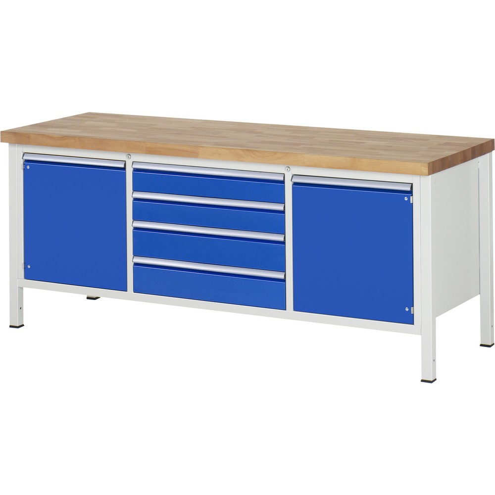Číslo obrázku produktu 1: Pracovní stůl RAU řada 8000, 1 trojitý kontejner, 1 police, VxŠxH 840-1040 x 2000 x 700 mm, 4x zásuvka
