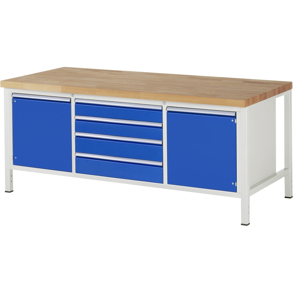 Obrázek produktu: Pracovní stůl RAU řada 8000, 1 trojitý kontejner, 1 police, VxŠxH 840-1040 x 2000 x 900 mm, 4x zásuvka