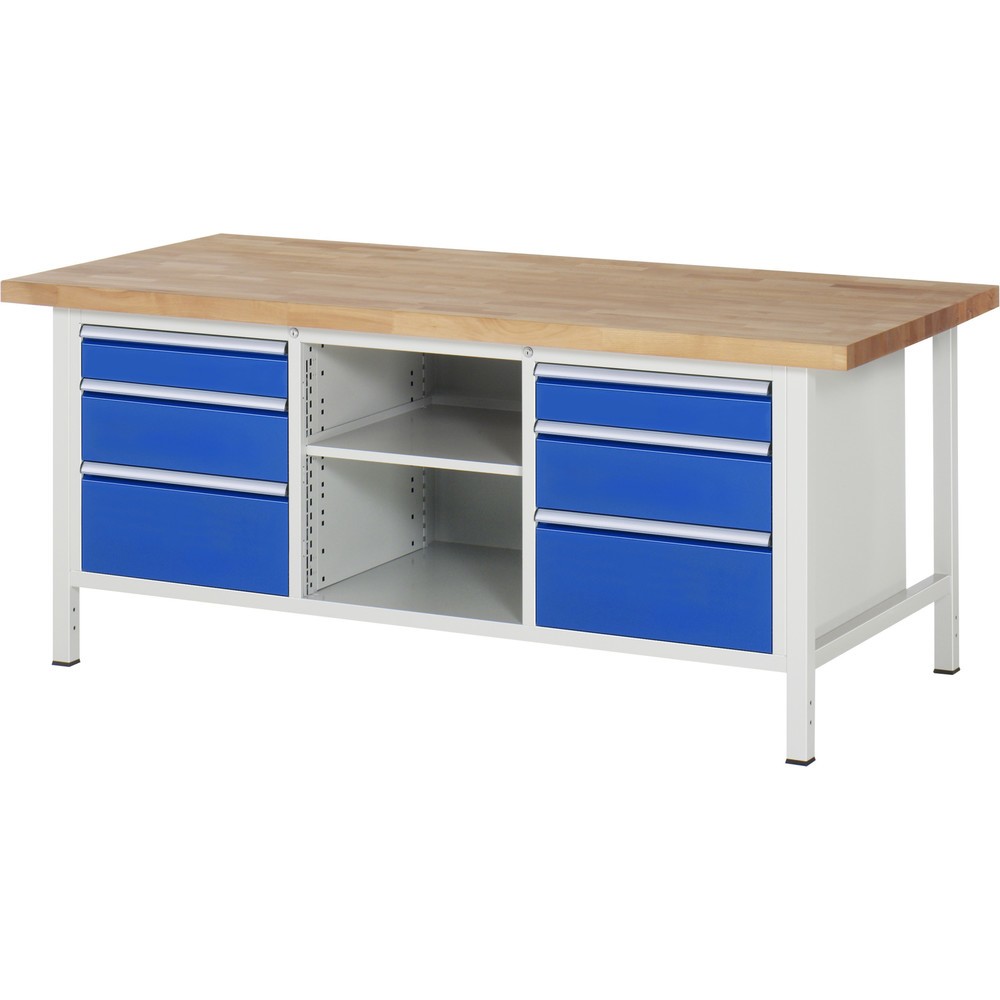 Číslo obrázku produktu 1: Pracovní stůl RAU řady 8000, 1 trojitý kontejner, 1 police, VxŠxH 840-1040 x 2000 x 900 mm, 6x zásuvka s výsuvem 90 %, ErgoScript®