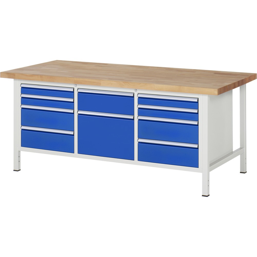 Číslo obrázku produktu 1: Pracovní stůl RAU řada 8000, 1 trojitý spodní kontejner, VxŠxH 840-1040 x 2000 x 900 mm, 10 zásuvek s výsuvem 100 % 4 x 90, 5 x 180, 1 x 360 mm, nosnost zásuvky 100 kg
