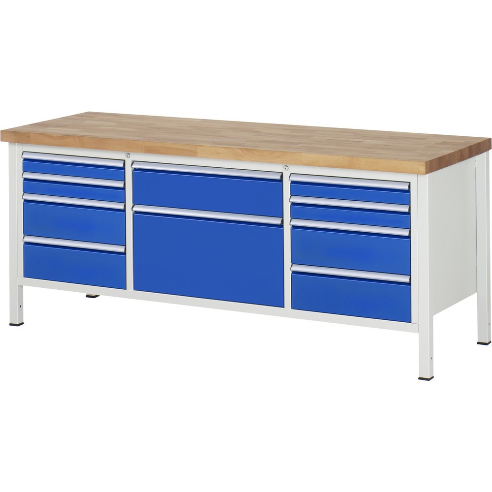 Číslo obrázku produktu 1: Pracovní stůl RAU řada 8000, 1 trojitý spodní kontejner, VxŠxH 840-1.040 x 2.000 x 700 mm, 10 zásuvek s výsuvem 90 % 4 x 90, 5 x 180, 1 x 360 mm, nosnost zásuvky 100/75 kg