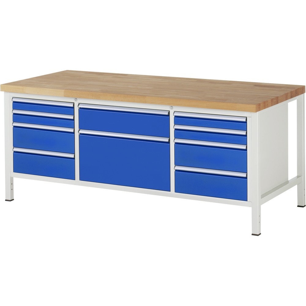 Obrázek produktu: Pracovní stůl RAU řada 8000, 1 trojitý spodní kontejner, VxŠxH 840-1.040 x 2.000 x 900 mm, 10 zásuvek s výsuvem 90 % 4 x 90, 5 x 180, 1 x 360 mm, nosnost zásuvky 100/75 kg
