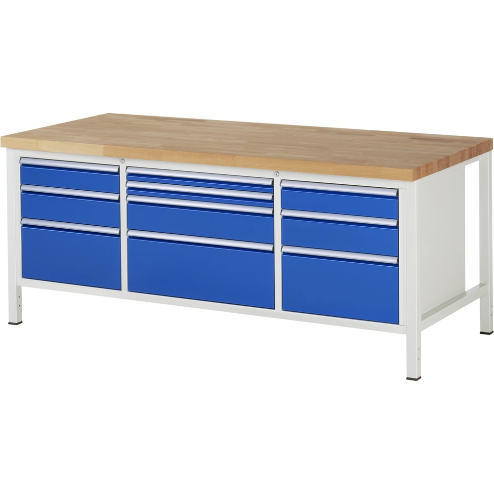 Obrázek produktu: Pracovní stůl RAU řada 8000, 1 trojitý spodní kontejner, VxŠxH 840-1040 x 2000 x 900 mm, 10 zásuvek s výsuvem 90 %, 2 x 60, 2 x 120, 3 x 150, 3 x 270 mm, nosnost zásuvky 100/75 kg