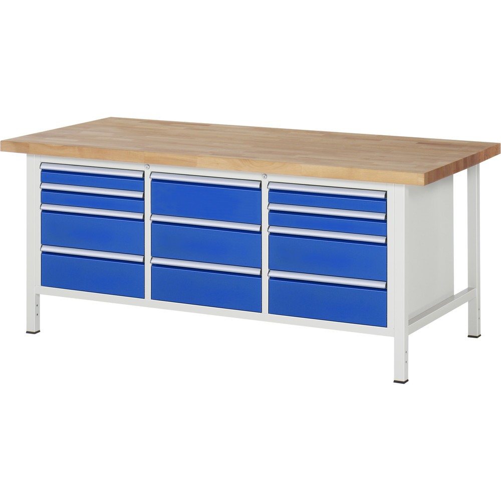 Číslo obrázku produktu 1: Pracovní stůl RAU řada 8000, 1 trojitý spodní kontejner, VxŠxH 840-1040 x 2000 x 900 mm, 11 zásuvek, 4 x 90, 7 x 180 mm, nosnost zásuvky 100 kg
