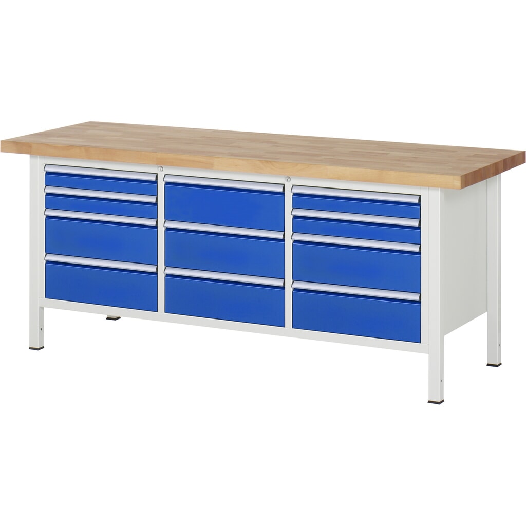 Obrázek produktu: Pracovní stůl RAU řada 8000, 1 trojitý spodní kontejner, VxŠxH 840-1040 x 2000 x 700 mm, 11 zásuvek, 4 x 90, 7 x 180 mm, nosnost zásuvky 100 kg