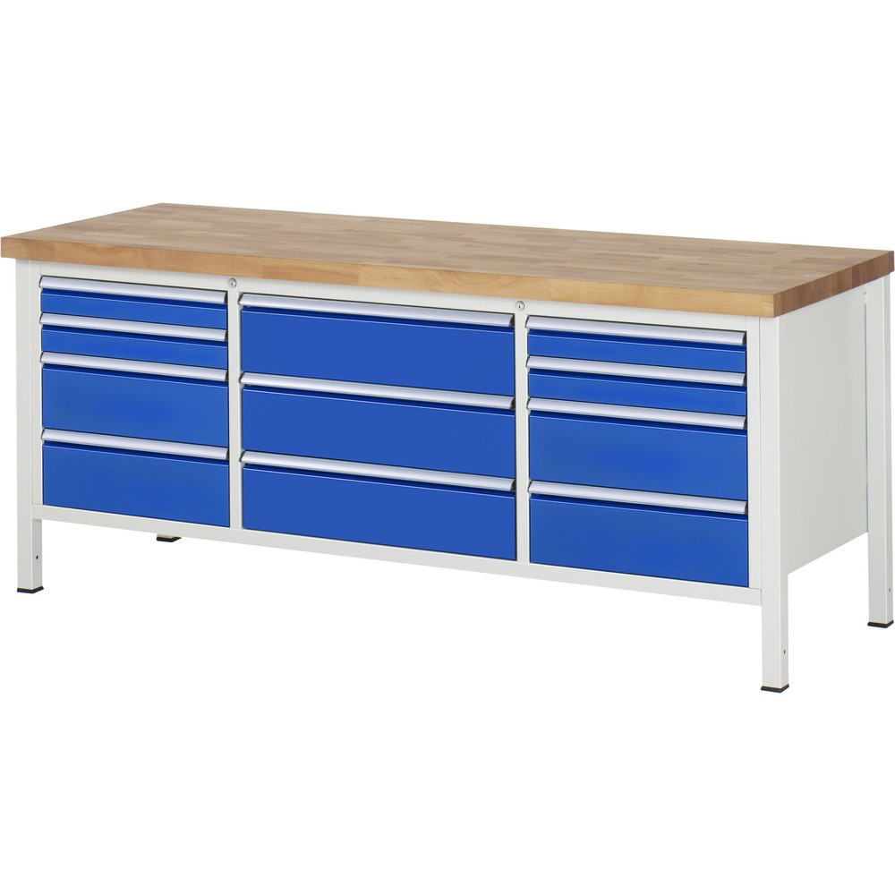 Číslo obrázku produktu 1: Pracovní stůl RAU řada 8000, 1 trojitý kontejner, VxŠxH 840 x 2000 x 700 mm, 11 zásuvek, 4 x 90, 7 x 180 mm, nosnost zásuvky 75/100 kg