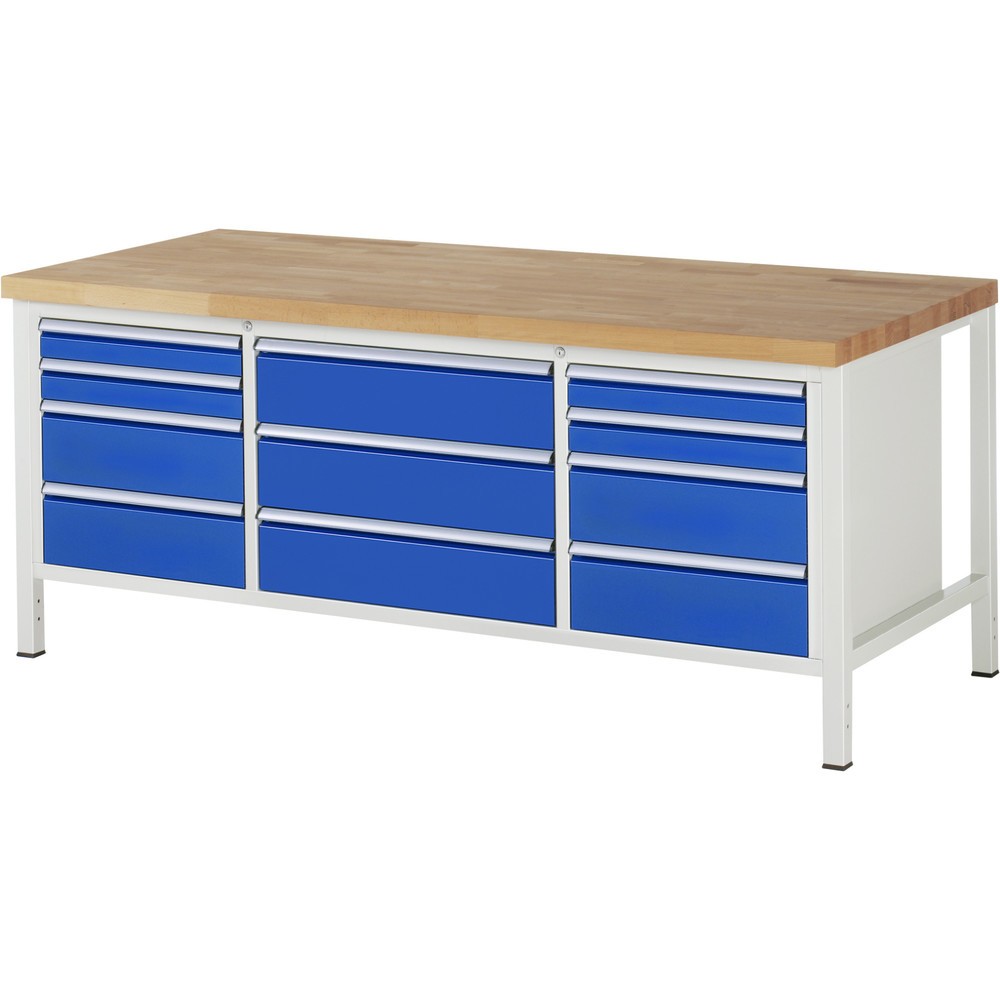 Číslo obrázku produktu 1: Pracovní stůl RAU řada 8000, 1 trojitý spodní kontejner, VxŠxH 840-1040 x 2000 x 900 mm, 11 zásuvek, 4 x 90, 7 x 180 mm, nosnost zásuvky 100/75 kg