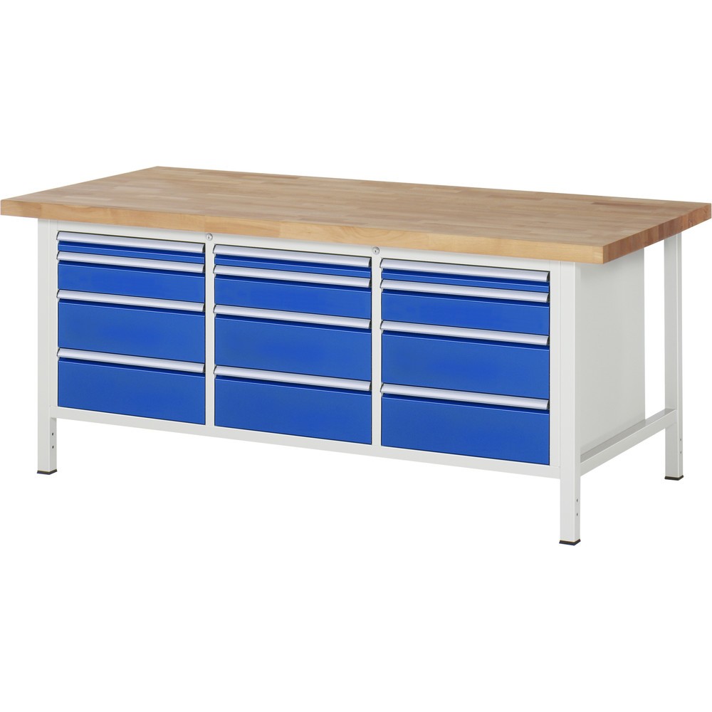 Číslo obrázku produktu 1: Pracovní stůl RAU řada 8000, 1 trojitý kontejner, VxŠxH 840-1040 x 2000 x 900 mm, 12x zásuvka s výsuvem 90 %, 3 x 60, 3 x 120, 6 x 180 mm