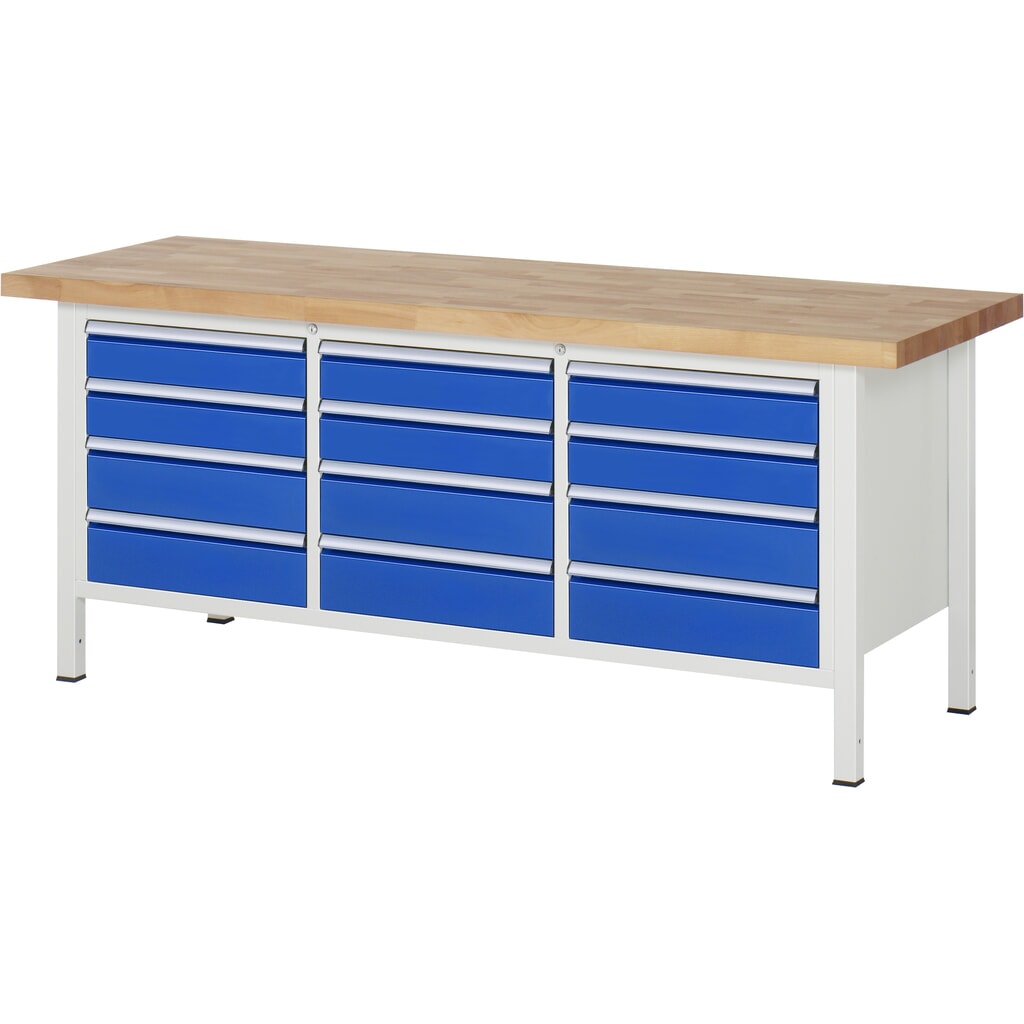 Číslo obrázku produktu 1: Pracovní stůl RAU řada 8000, V×Š×H 840-1040 × 2000 × 700 mm, 1 trojitý spodní kontejner, s 12 zásuvkami