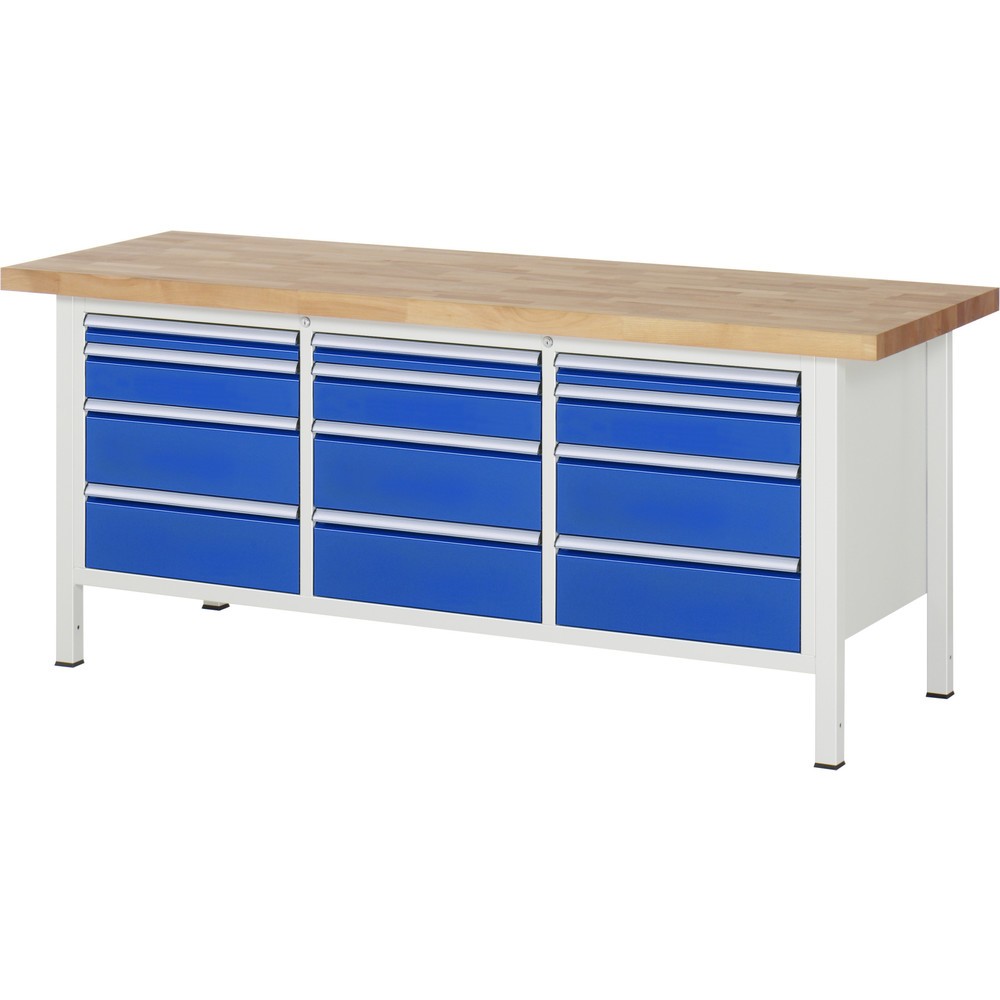 Číslo obrázku produktu 1: Pracovní stůl RAU řada 8000, 1 trojitý kontejner, VxŠxH 840-1040 x 2000 x 700 mm, 12x zásuvka s výsuvem 90 %, 3 x 60, 3 x 120, 6 x 180 mm