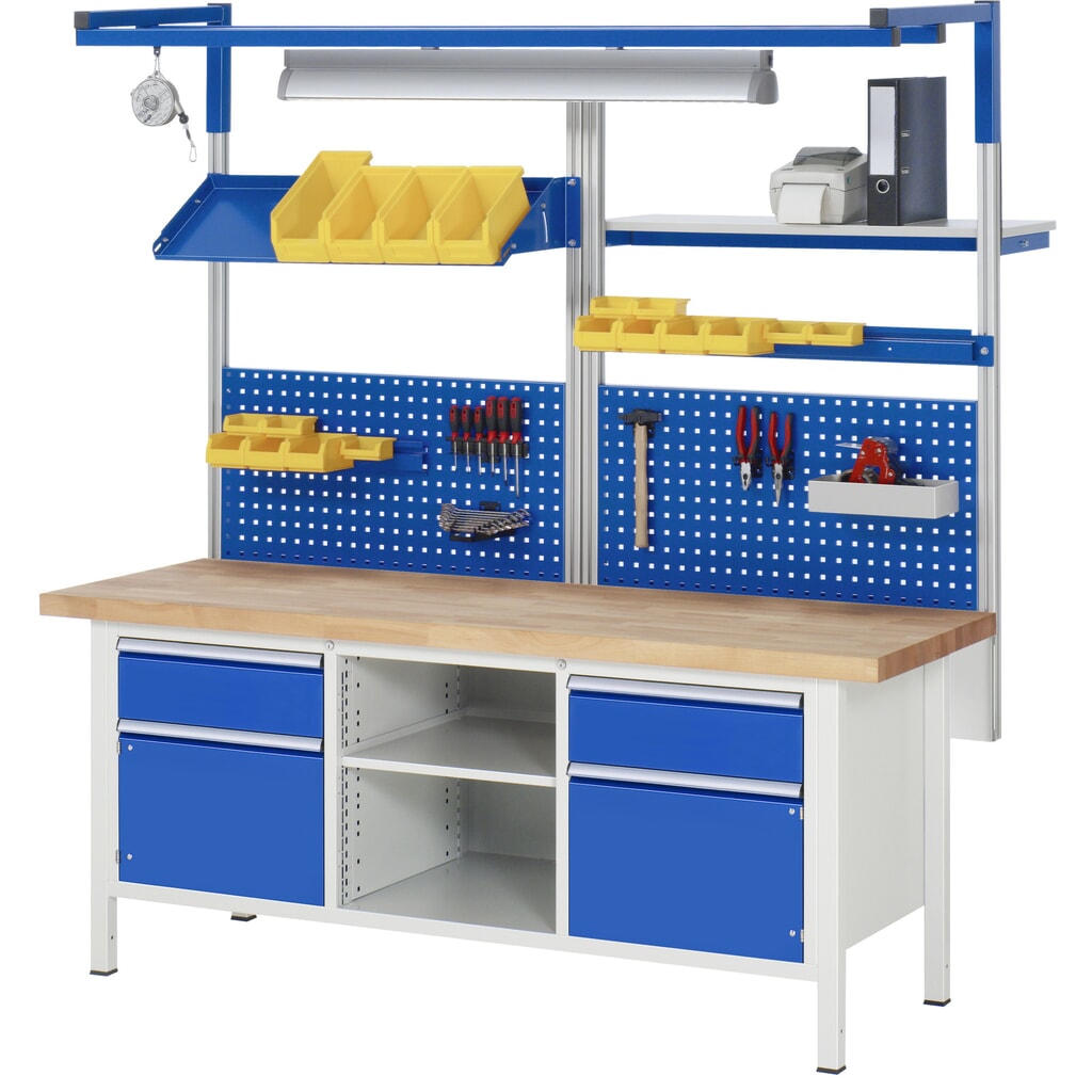 Číslo obrázku produktu 5: Pracovní stůl RAU řada 8000, 1 trojitý kontejner, 2 police, VxŠxH 840 x 2000 x 900 mm, 4x zásuvka s výsuvem 90 %, nosnost zásuvky 100 kg