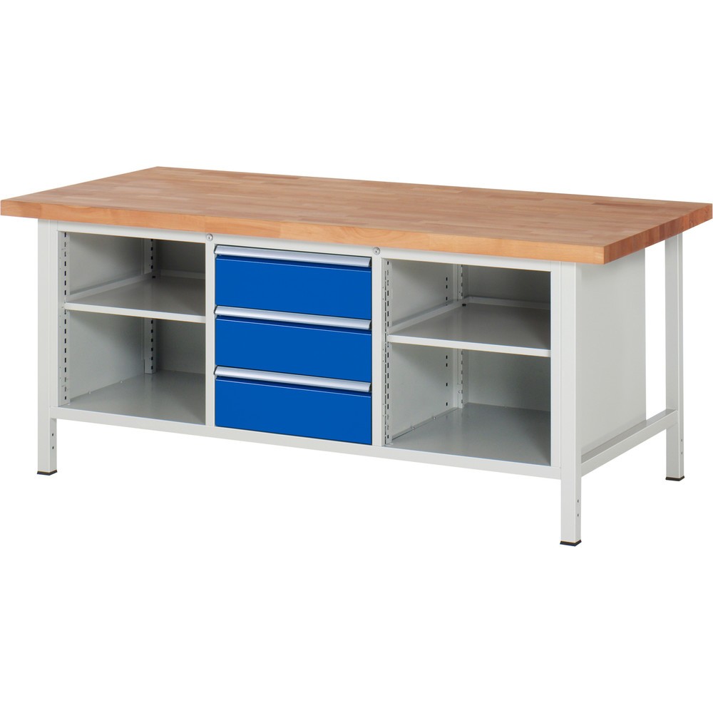 Číslo obrázku produktu 1: Pracovní stůl RAU řada 8000, 1 trojitý kontejner, 2 police, VxŠxH 840-1040 x 2000 x 900 mm, 3x zásuvka s výsuvem 100 %