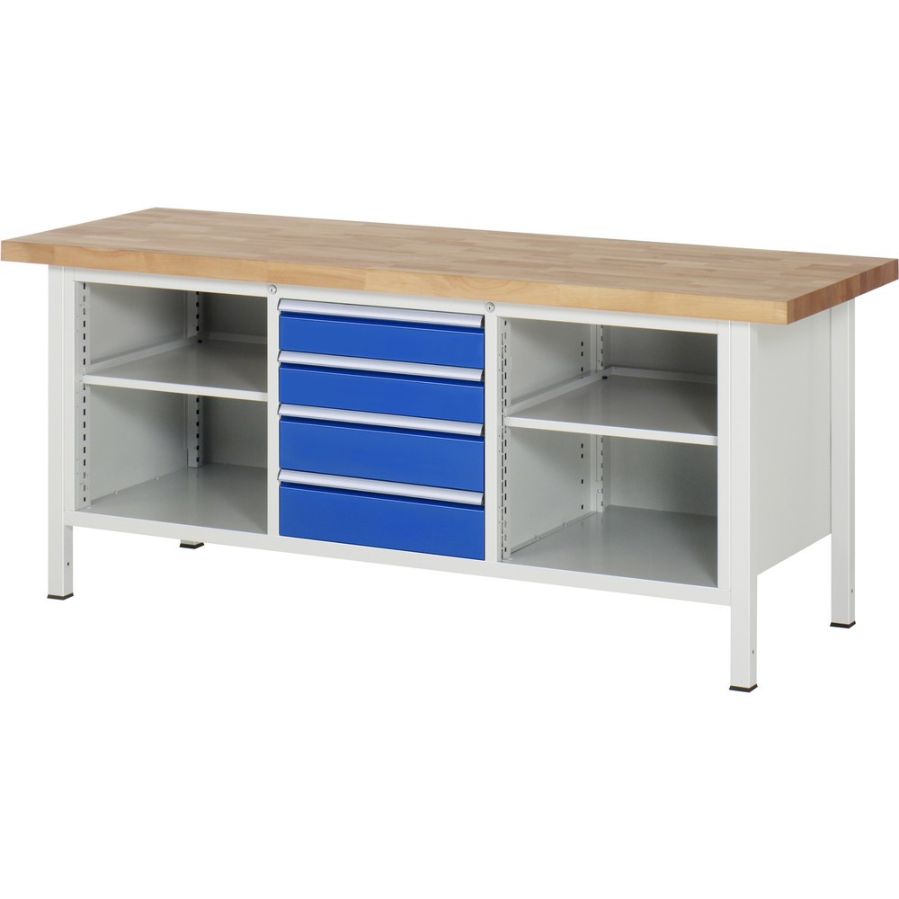 Číslo obrázku produktu 1: Pracovní stůl RAU řada 8000, 1 trojitý kontejner, 2 police, VxŠxH 840-1040 x 2000 x 700 mm, 4x zásuvka s výsuvem 90 %, nosnost zásuvky 100 kg