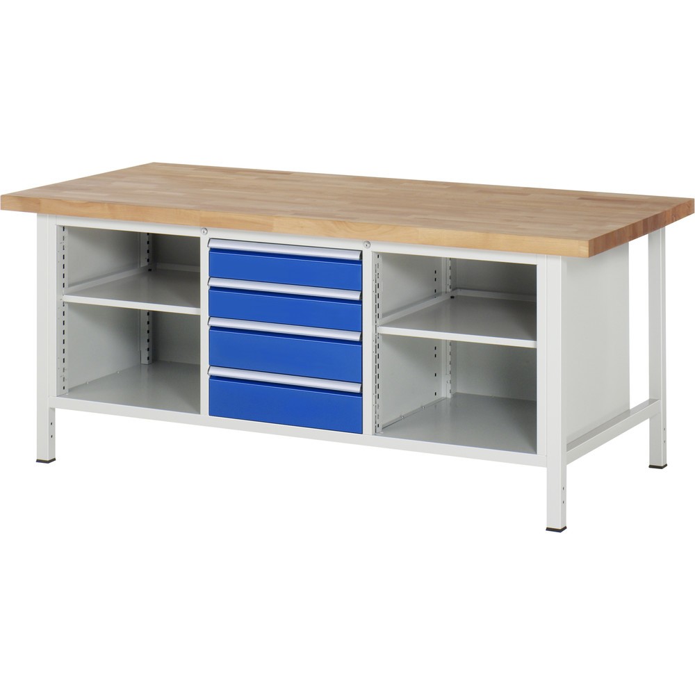 Číslo obrázku produktu 1: Pracovní stůl RAU řada 8000, 1 trojitý kontejner, 2 police, VxŠxH 840-1040 x 2000 x 900 mm, 4x zásuvka s výsuvem 100 %, nosnost zásuvky 100 kg