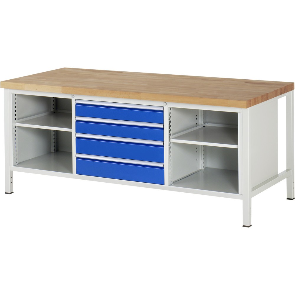 Číslo obrázku produktu 1: Pracovní stůl RAU řada 8000, 1 trojitý kontejner, 2 police, VxŠxH 840-1040 x 2000 x 900 mm, 4x zásuvka s výsuvem 100 %, nosnost zásuvky 75 kg