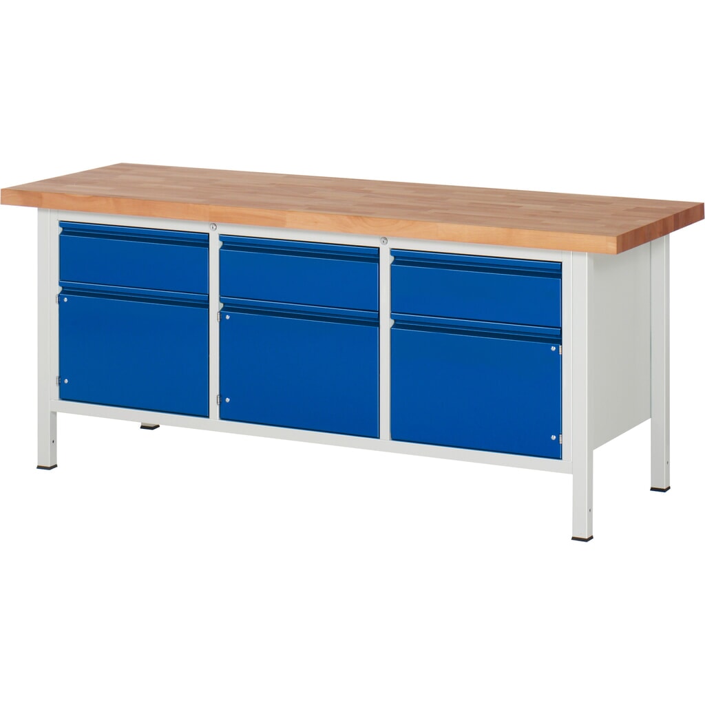 Obrázek produktu: Pracovní stůl RAU řada 8000, 1 trojitý kontejner, 3 křídlové dveře, VxŠxH 840-1040 x 2000 x 700 mm, 3x zásuvka, integrovaná úchytková lišta